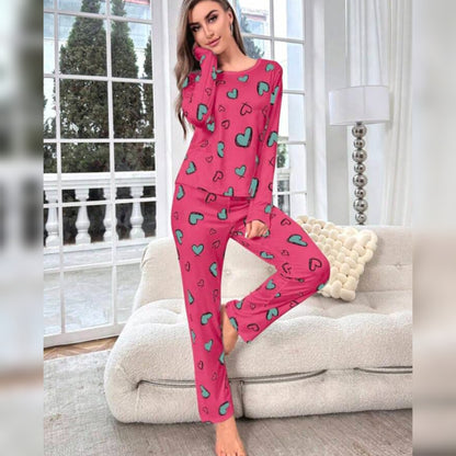 Shocking Pink With Green Herats Print Full Sleeves T-shirt With Hearts Printed Trouser Suit (RX-190)