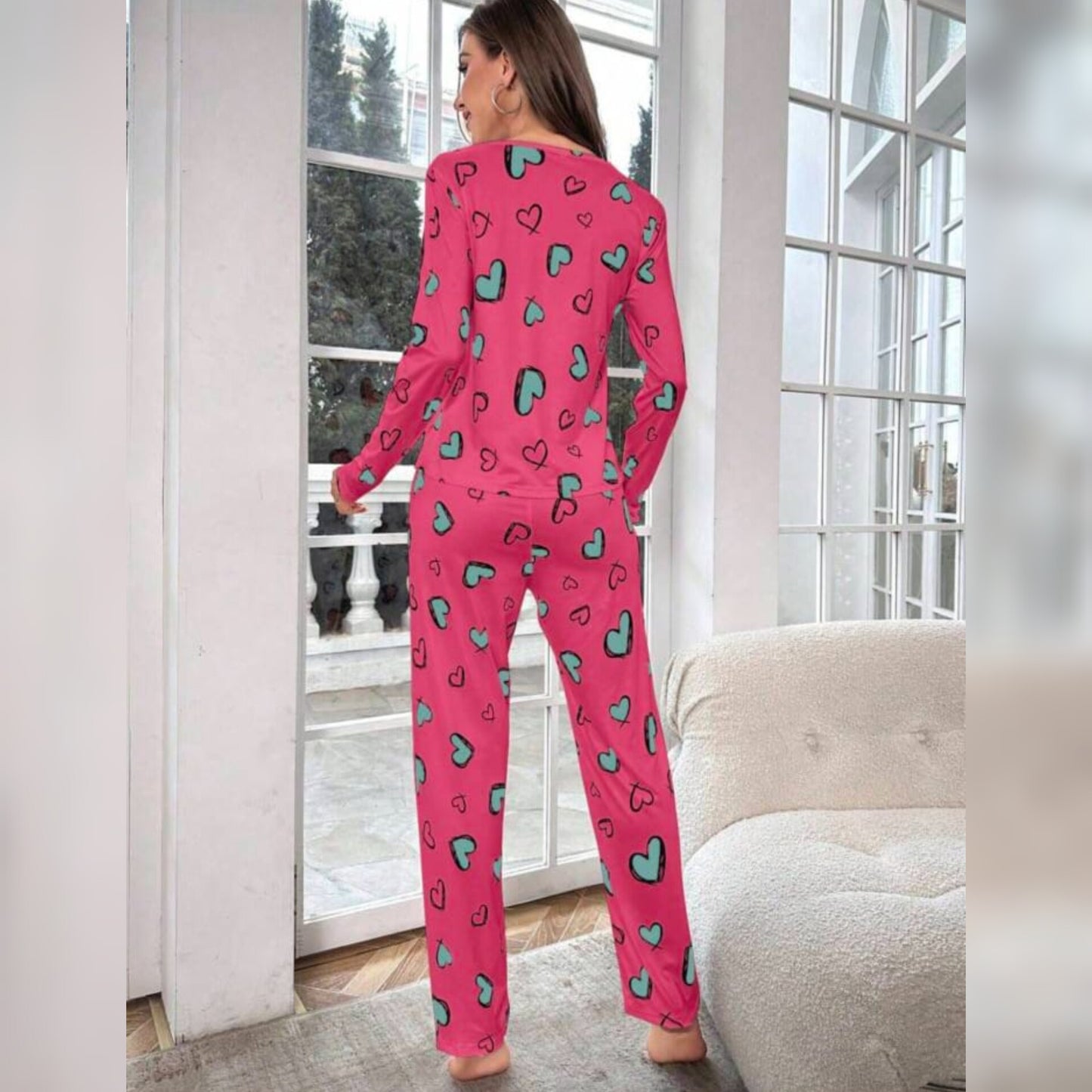 Shocking Pink With Green Herats Print Full Sleeves T-shirt With Hearts Printed Trouser Suit (RX-190)