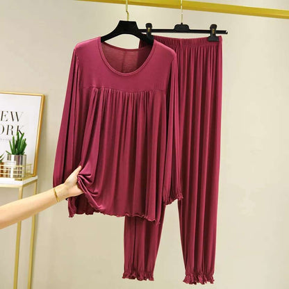 Maroon Round Neck Frill Style T Shirt with Palazzo Style Pajama Full Sleeves Suit for Her (RX-70)