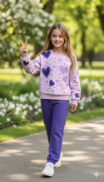 Purple Multi Hearts with purple pajama Kids track suit (RX-335)