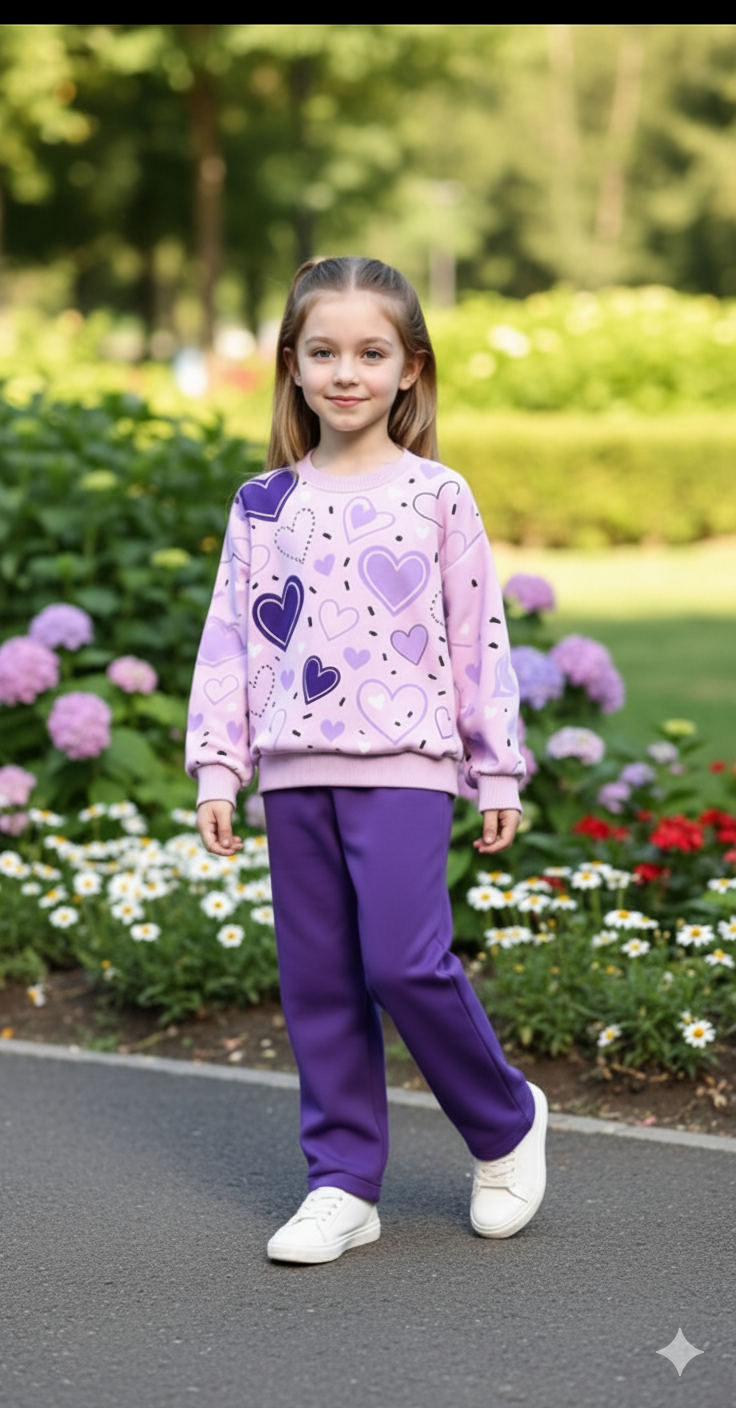 Purple Multi Hearts with purple pajama Kids track suit (RX-335)