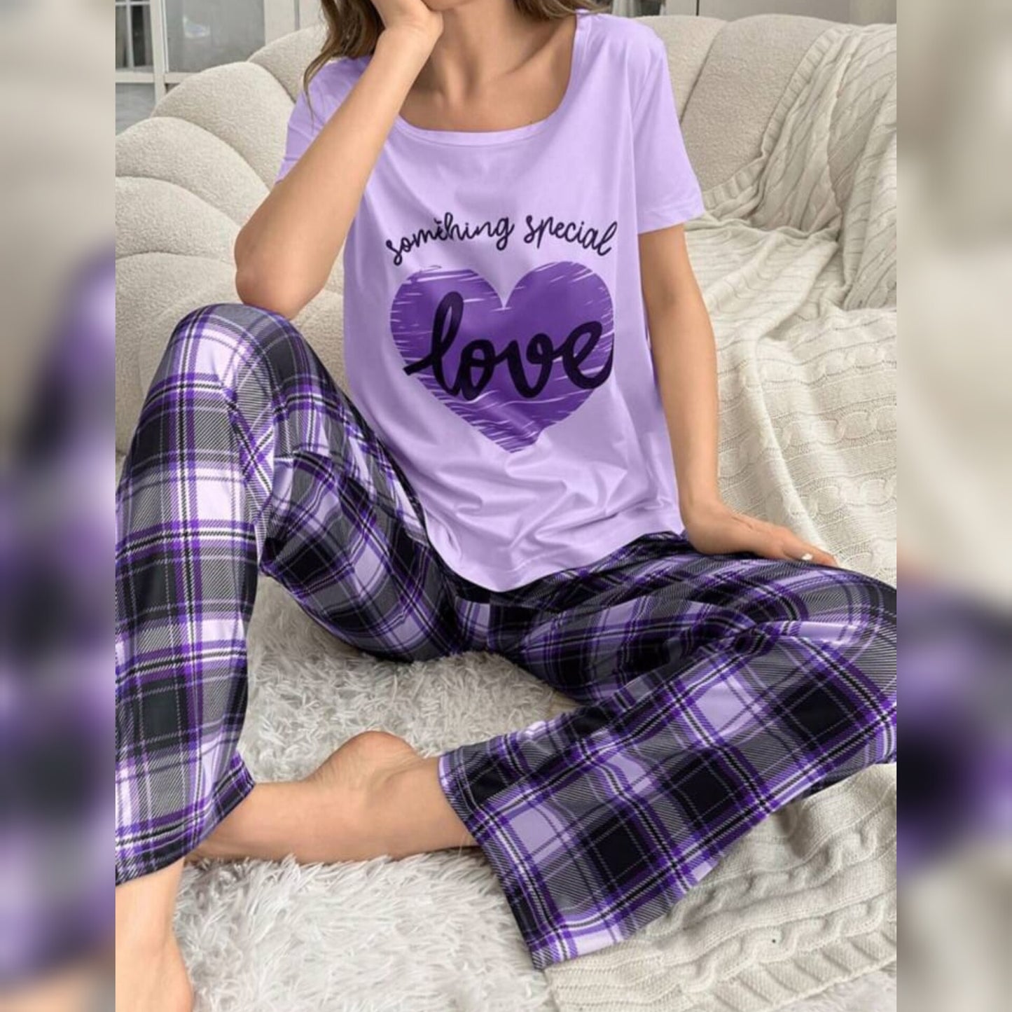 Purple With Love Heart Print Half Sleeves T-shirt With Check Printed Trouser Suit (RX-191)