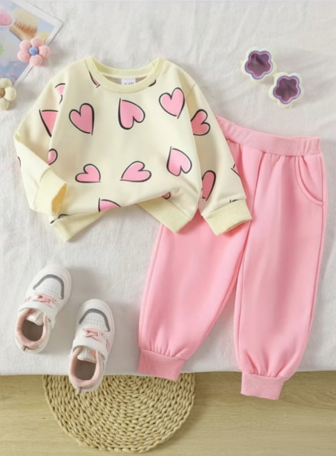 Off White With Pink Hearts Kids track suit (RX-324)