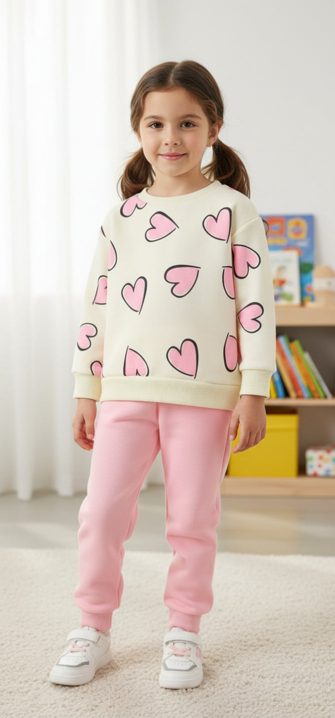 Off White With Pink Hearts Kids track suit (RX-324)