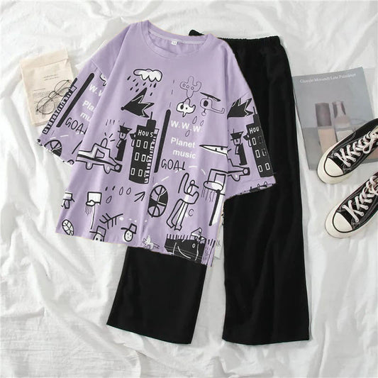 Purple Multi Printed Half Sleeves T-shirt With Plain Black Trouser Suit (RX-181)