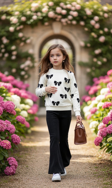 White With Black Bow Print Kids track suit (RX-326)