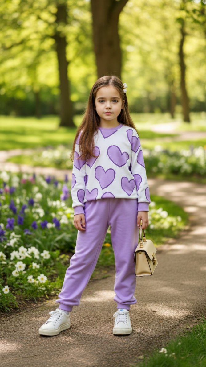 off white Purple Hearts with purple pajama Kids track suit (RX-329)